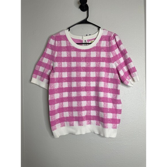 Anthropologie Sweaters - Maeve Anthropologie Pink Gingham Knit Top Cottagecore L